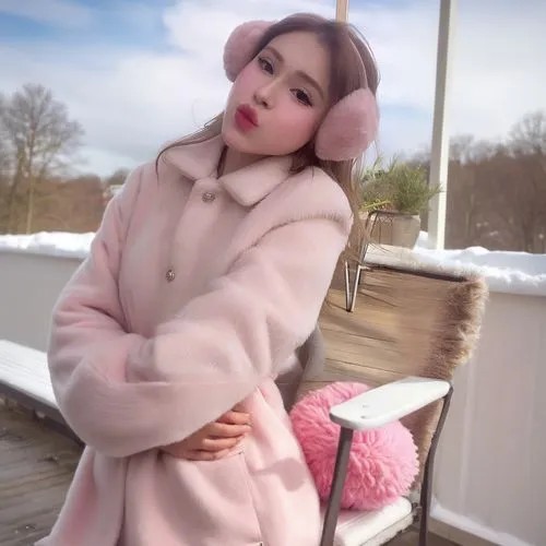 girl wearing pink fur jacket sitting on a bench,anfisa,fur coat,fur,snow cherry,parka,jolin,coat,pinkaew,in the snow,coat color,pinklao,soft pink,pink leather,pink white,color pink white,baby pink,ear