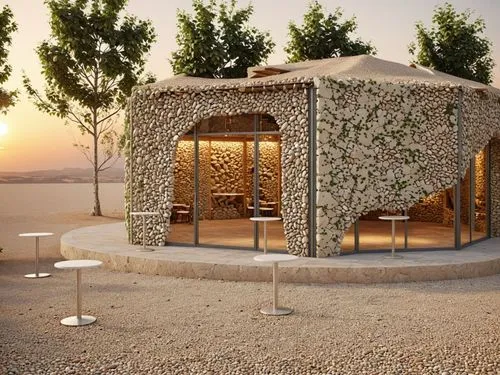 Ultra-realistic eco-luxury cafe architecture, organic natural design, high-end photorealistic materials.

Apply warm beige natural stone with strong displacement, roughness variation, and weathered ال
