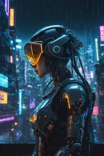 Cyberpunk AI, futuristic web, intricate circuitry, holographic interface, neon lights, wires, motherboards, virtual reality headset, robotic arms, high-tech laboratory, cityscape at night, rain, misty