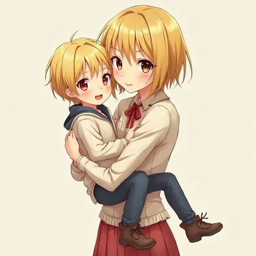A young women with short blonde hair and kind brown eyes hold her son with blonde hair and red eyes tightly in her arm.,a boy and girl hugging each other,piggyback,hugged,piggybacks,hug,hugging,little