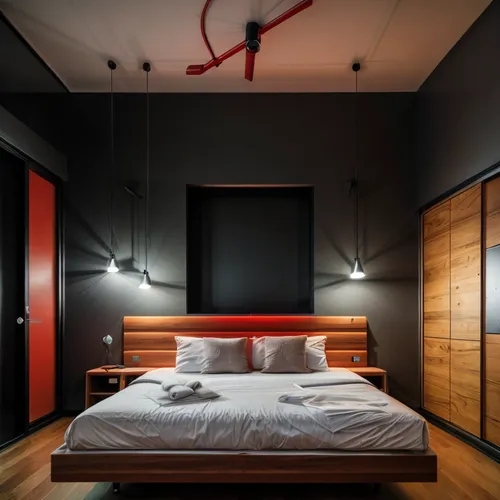 red colour wood,neon light,sleeping room,modern room,modern decor,guestroom,search interior solutions,bedroom,contemporary decor,room lighting,wall lamp,guest room,japanese-style room,room divider,can