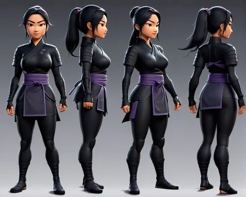 Generate just hight resolution image, pixar 3d, character sheet style, A pose. Create a kunoichi, mulher ninja, with her black costume. Show feminine, beautiful and well-defined features, oriental sty
