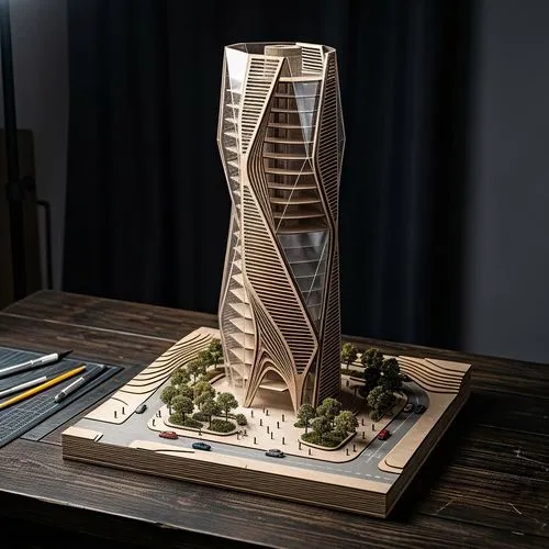 3d mockup model made of wood and transparent plastic sheets. The model is for a modern style parametric design tower, placed on studio table and dark background, spotlight placed above the model but n