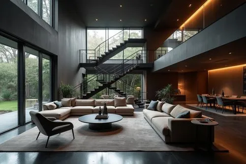 Italian Modern interior design in the style of aesthetics, Poliform Furniture style，Premium and Luxury， Exquisite, modern， large windows， The living room is adorned with elegant sofa sets, Large space