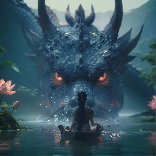 a woman sitting in a boat in front of a dragon, lotus floating on waters, a picture, by Mike Winkelmann, vfx film closeup, beeple. octane render, cinematic, dragon eyes, taken with sony alpha 9,dragon