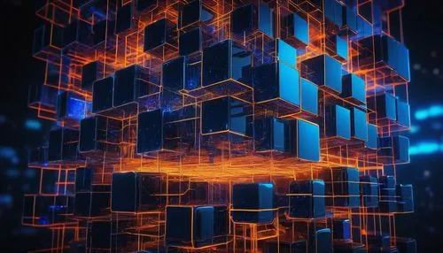 Cloud computing, AWS data mesh architecture, futuristic, abstract background, glowing lines, neon lights, 3D cube structure, complex network topology, interconnected nodes, vibrant blue and orange col