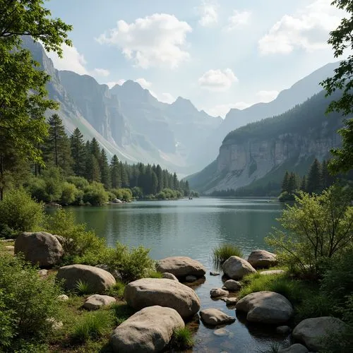 Soothing natural scenery, misty mountains, serene lakeside, lush green forests, soft feathery clouds, warm sunny meadows, gentle breezes, calming waterfalls, peaceful wildlife habitats, earthy tone co