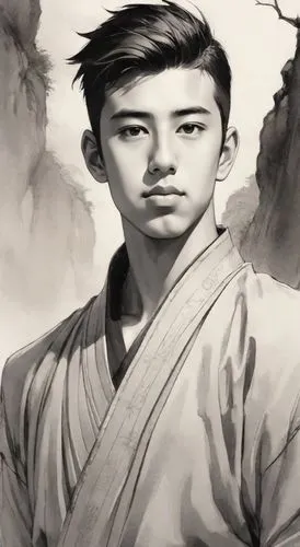 a man with a haircut on wearing a kimono,xiaojian,zatoichi,dalixia,yuhuan,jianfei,yi sun sin,Digital Art,Ink Drawing