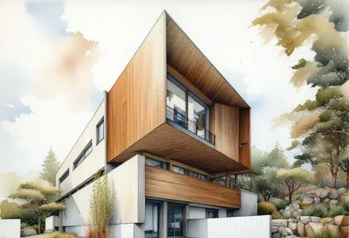 there is a drawing of a house and landscaping,passivhaus,timber house,cubic house,modern house,vivienda,cohousing,house drawing,sketchup,cantilevers,revit,townhome,dunes house,modern architecture,wood