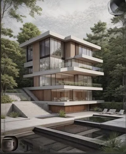 Render a stunning photorealistic architectural visual of a modern villa, showcasing the facade with a premium combination of floor-to-ceiling glass, exposed concrete, and natural wood. Use warm ambien
