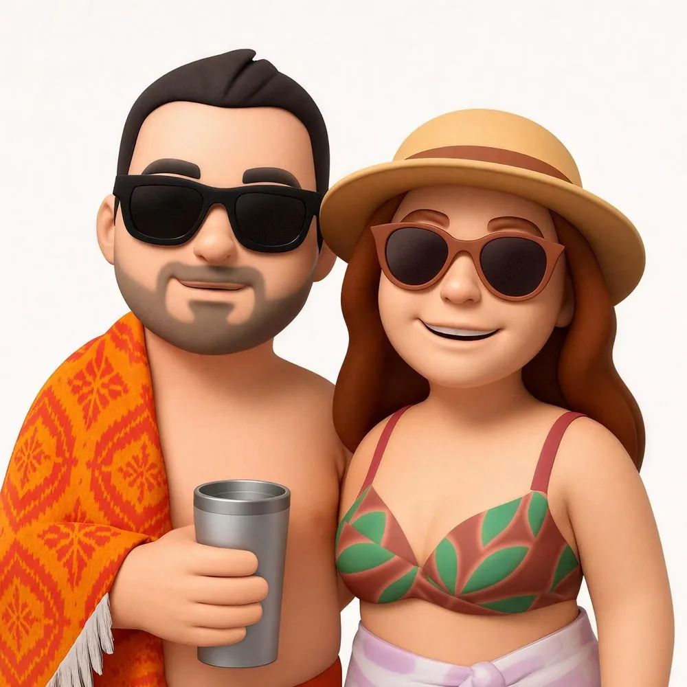 a man and a woman with the same bikini top, one holding a cup while other has a figure in the background