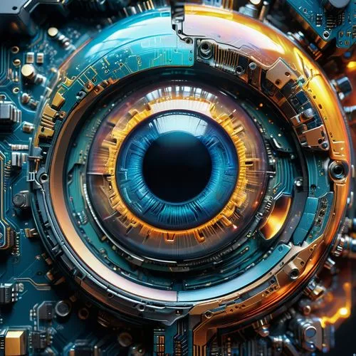 Hyperrealistic concept art. Macro shot. A single digital iris of an robot eye with integrated circuits glowing blue core, transparent glass-like exterior, intricate pixelated details, Splash art. Dram