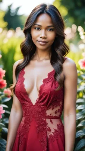 35 year old girl, (extremely detailed face, detailed skin), red dress:9.4 with deep V-neck, elegant girl, outdoors, flower garden,,a black girl in a dress posing for a picture,jasmine bush,background 