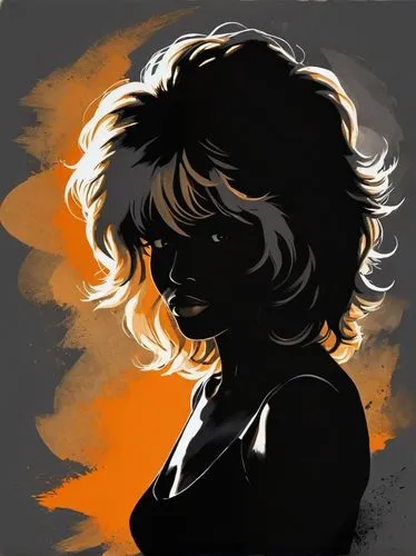 the drawings drawn were cute, in the style of feminine portraiture, golden light, soft gray, pensive poses, smokey background, soft orange and  black, light & shadow , 
TINA TURNER
 ,a digital image o