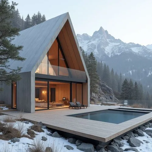A hyper-realistic, high-resolution architectural photograph of a luxurious, alpine-style modern villa nestled in a mountainous landscape. The home features a prominent A-frame roof and is constructed 