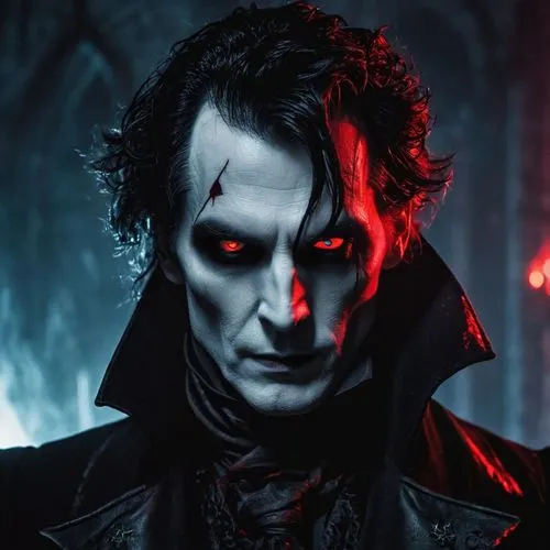front shot of a sinister old vampire and mysterious character named Mortimer Black, a tall gaunt man with pale translucent skin, red glowing eyes  red light, messy black hair streaked with silver stra