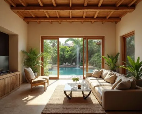a room has a couch, a table and a television in it,cabana,tropical house,cabanas,pool house,home interior,holiday villa,living room,sitting room,contemporary decor,chalet,dunes house,verandah,patios,s