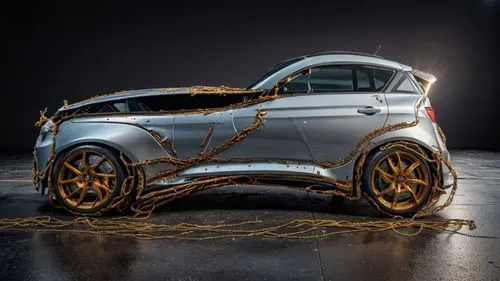 a car that is parked on the side of a road,gold paint stroke,car sculpture,macro car photography,gold lacquer,light painting,car wallpapers,model car,paintwork,mantis,foil and gold,car model,off-road 
