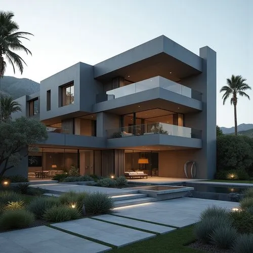 A hyper-realistic, high-resolution architectural photograph of a multi-level, contemporary luxury residence featuring a sleek, geometric design. The exterior is composed of smooth, matte charcoal-gray