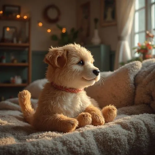 A cozy,small white dog ,reindeer