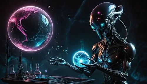 Un extraterrestre de alta tecnología crea un holograma de un planeta en el aire utilizando componentes químicos. Un sistema de creación de planetas de alta tecnología.,a sci - fil with the alien holdi