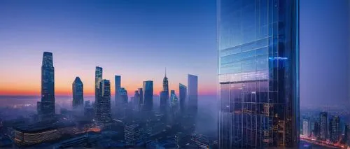 Futuristic, arcitechual building, sleek, metallic, silver, glass, neon lights, skyscraper, cityscape, evening, urban landscape, towering, grandiose, majestic, reflective surfaces, angular lines, moder