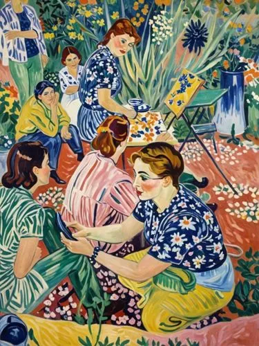 Женщины в саду в стиле Ван Гога,the painting of a family sitting in front of a flower garden,girl in the garden,work in the garden,girl lying on the grass,girl picking flowers,woman on bed,in the gard