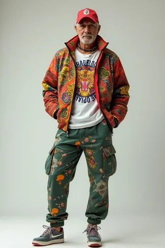 Fashion Model,an old man is standing and wearing colorful clothes,konnan,zeqiri,cholo,kokane,cartman,cappadonna,Photography,Fashion Photography,Fashion Photography 01