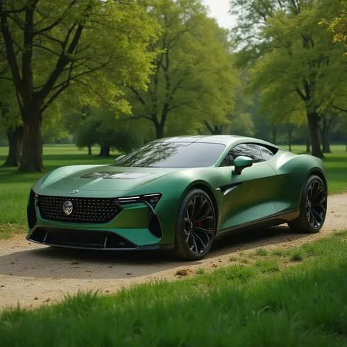 A sustainable family car with a bold, organic shape, showcased in a verdant park. The exterior is made of biodegradable composite materials with a matte green finish inspired by nature. Solar panels a