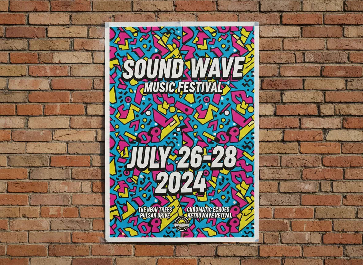 Ein Mockup eines professionell gedruckten Posters für ein Musikfestival, das ein kräftiges Memphis-Muster als Haupthintergrundelement zeigt.
