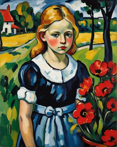 A young English girl, in a dress, gardens，by Maurice de Vlaminck,girl in the garden,girl picking flowers,girl picking apples,girl with cloth,girl in flowers,david bates,girl with tree,girl with bread-
