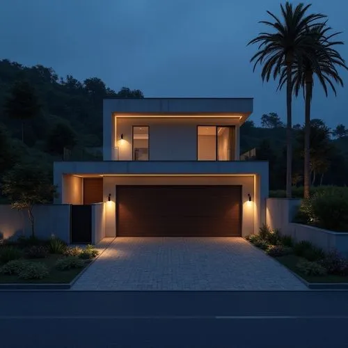 A photo-realistic rendering of a modern, minimalist house with a minimalist design, featuring a concrete exterior and a dark wooden garage door. the house is situated on a hillside, with a dark blue s
