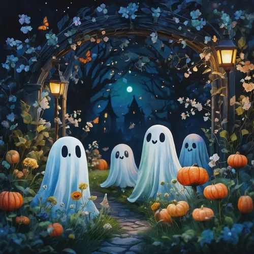 watercolor, Cute ghosts Halloween amidst the flowers, kawaii aesthetic, style of Eric Carle,halloween ghosts,halloween illustration,halloween background,halloween wallpaper,halloween scene,ghosts,hall
