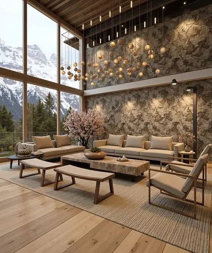 A modern living room with a high ceiling, stone walls, and a minimalist design. The furniture includes beige sofas, a rectangular coffee table, and cherry blossom decor in a vase. The room features a 