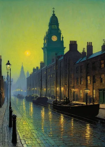 Ordem Copy Pintura : Liverpool a partir de Wapping por John Atkinson Grimshaw | Most-Famous-Paintings.com,john atkinson grimshaw,night scene,evening atmosphere,dublin,embankment,evening city,grand can