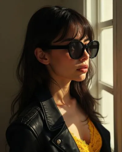 a beautiful young woman wearing black sunglasses and yellow top,sunglasses,shades,aviators,sun glasses,color glasses,portrait background