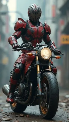 Kamen Rider Kabuto, with a Motorcycle, Henshin, 1 2 3.....rider kick,a red motorcycle with a man in full armor on it,heavy motorcycle,motorbike,motorcycle,war machine,daredevil,biker,motorcyclist,supe