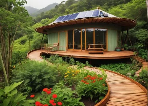 Sustainable permaculture architecture, eco-friendly, natural materials, bamboo structure, curved lines, green roof, solar panels, rainwater harvesting system, organic garden, lush greenery, vines craw