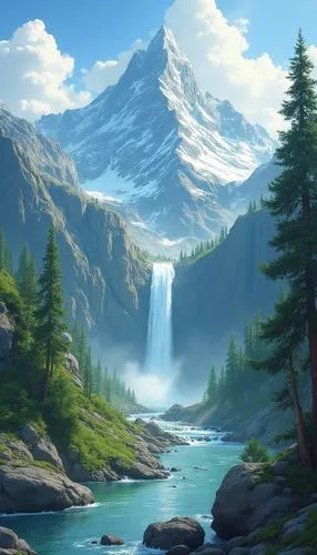 A breathtaking digital fantasy landscape with a towering, snow-covered mountain, a huge storming waterfall, lush green valleys, and a partly cloudy sky.,a painting of a mountain waterfall and river,mo