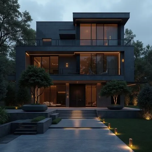  A luxurious, ultra-modern, three-story mansion with a sleek, dark gray marble facade and prominent vertical columns, situated in a refined, upscale residential setting. The exterior features large fl