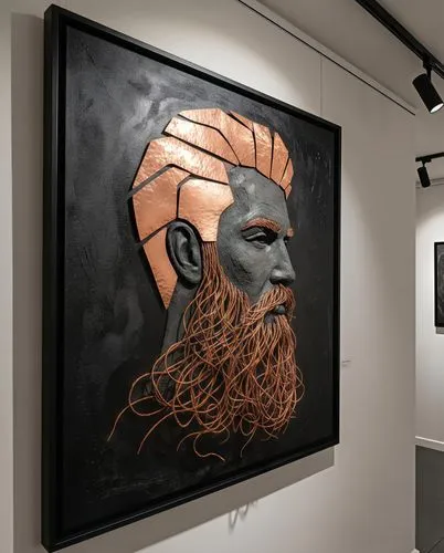 A captivating abstract artwork featuring a man's profile with a coal-colored face and intricate copper wire beard. His unique copper plate hairstyle adds a mechanical touch to the portrait. The striki