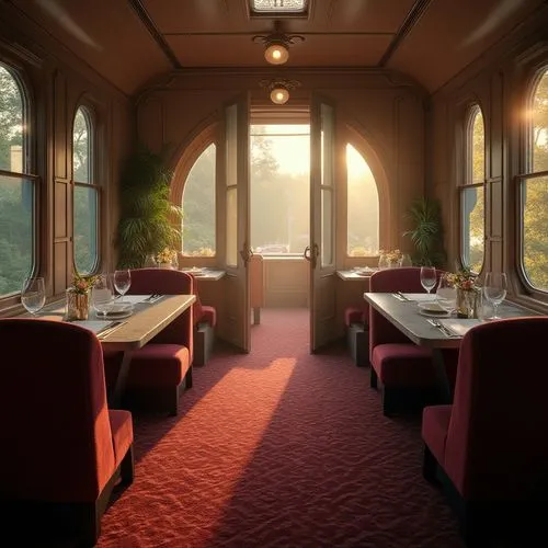 pov a train window frames the view of a dining car interior in the brutalist architectural style, with wine upholstered dining chairs and concrete tables, lush carpet, art deco lighting. Attention to 