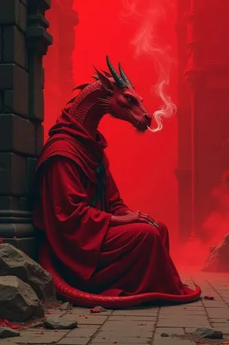 red dragon in monks robes sitting with back against ruins and smoke on his nose, cinematic,red color background




,dragon statue sitting on the floor with a red fog over its head,red smoke,dragon of