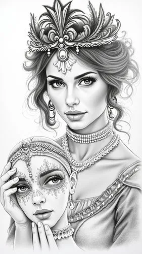 sketch pencil design,two woman with masks, one with makeup,intermarriage,ethnic design,betrothal,dowry,begum,remarriage,dowries,intermarriages,intermarry,caricatured,veiling,woman face,matriarchs,henn
