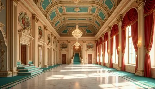 Richly ornate Baroque elementary school, warm golden lighting, vibrant turquoise accents, creamy white marble floors, intricately carved wooden paneling, lavish velvet drapes, ornamental plaster ceili