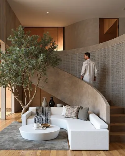 A contemporary living room with a striking spiral staircase and a modern white sofa. A natural olive tree adds a calming organic element, while the soft curves of the staircase contrast beautifully wi