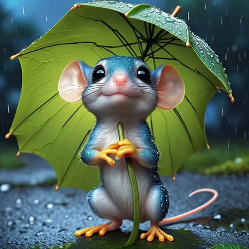 A hyper-realistic digital artwork of an adorable cute slightly cartoonized mouse holding a leaf umbrella in the rain, looking directly at the viewer with big and blue, expressive eyes. Avoid the umbre