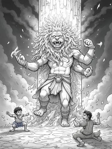 Illustrate the dramatic moment when the pillar cracks open with a thunderous roar, revealing Narasimha, the fierce avatar of Lord Vishnu. The scene should exude power and intensity. Narasimha emerges 