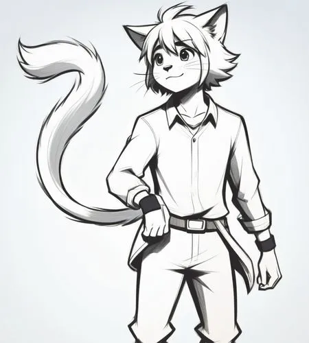 A minimalist anime-style character with realistic human proportions, featuring a boyish, medium-length haircut, cat ears, an upturned nose, and a human face. The artwork is an unfinished, rough black-