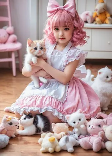 Lolita, cute face, big eyes, pink hair bows, blush makeup, frilly dress, white apron, holding a kitten, playing with toys, sitting on a wooden floor, surrounded by stuffed animals, soft natural lighti